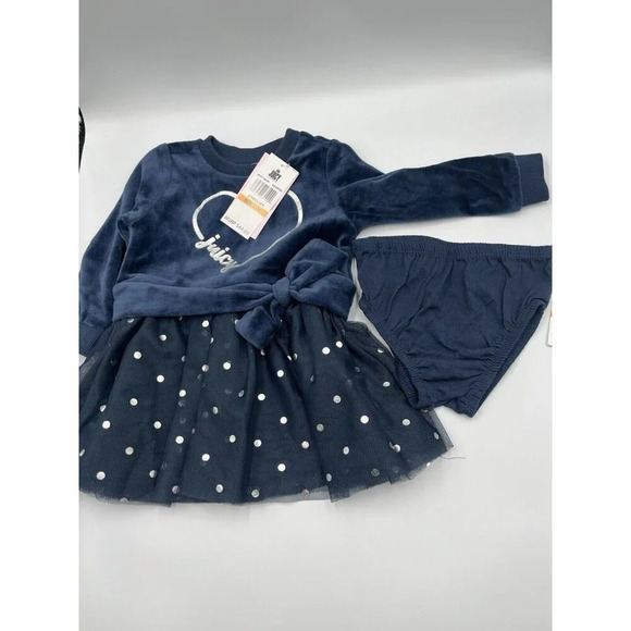 NWT Juicy Couture 12M Baby Girl 2-pc Velvet Navy Blue heart Ruffle/Long Sleeve - Picture 4 of 8